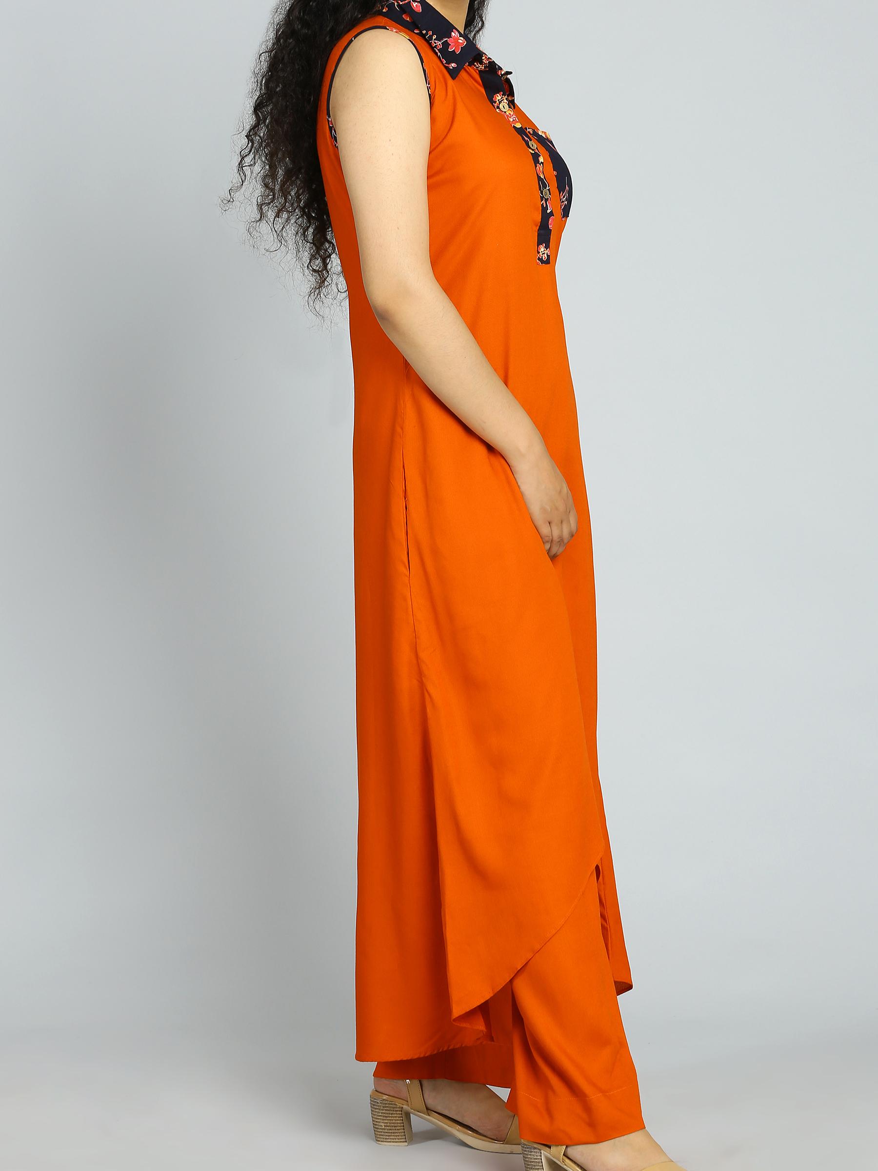 orange solid kurta palazzo set - 18445311 - Standard Image - 2