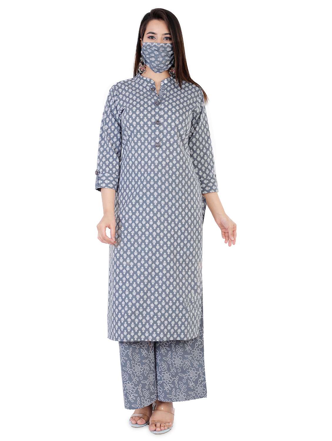 printed kurta palazzo set with mask