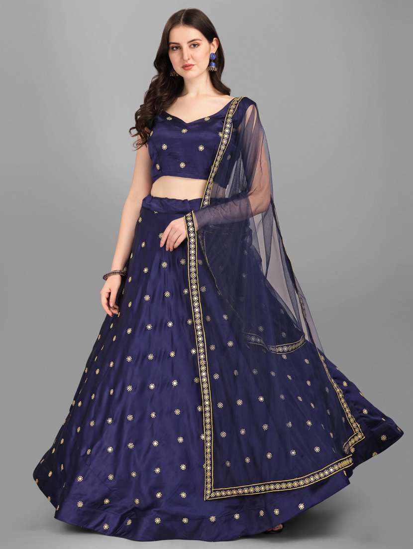 navy blue embroidered semi-stitched lehenga choli set with dupatta