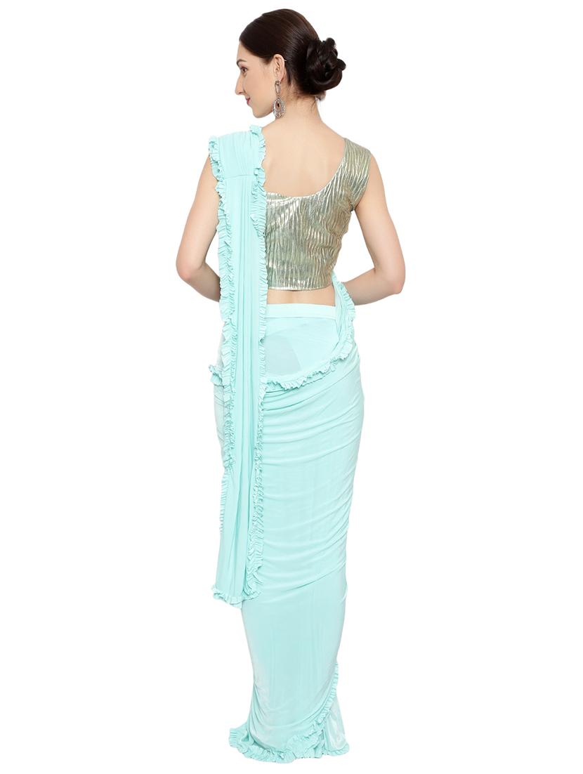 sea green solid ruffled draped saree with blouse - 18445535 - Standard Image - 2