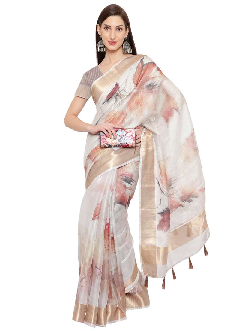 gold zari border printed saree with blouse