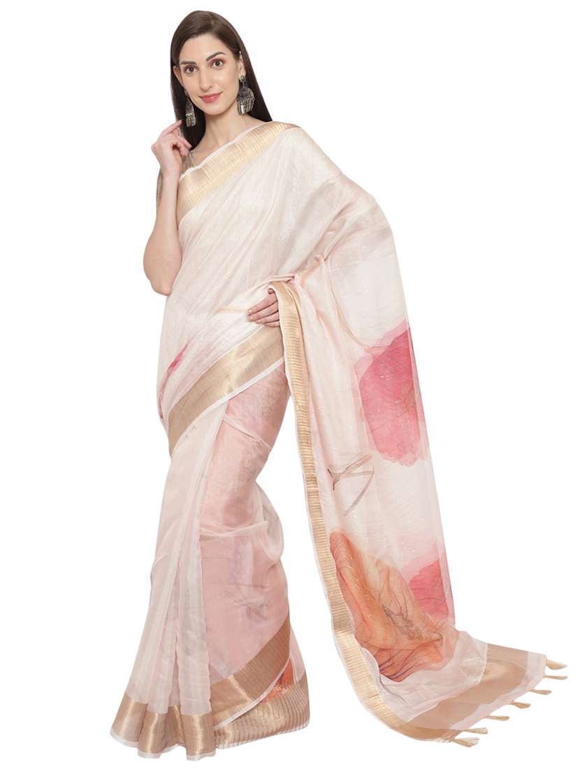 gold zari border printed saree with blouse