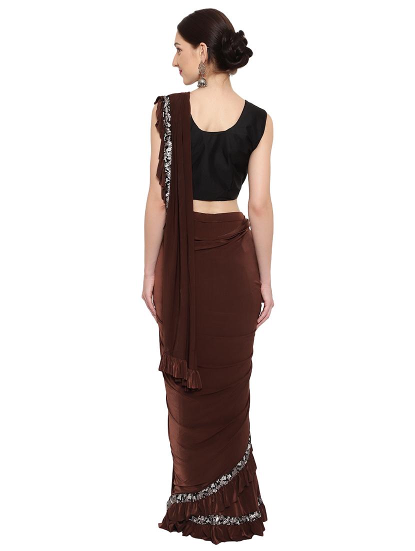sequin lace detailed solid draped saree with blouse - 18445566 - Standard Image - 2
