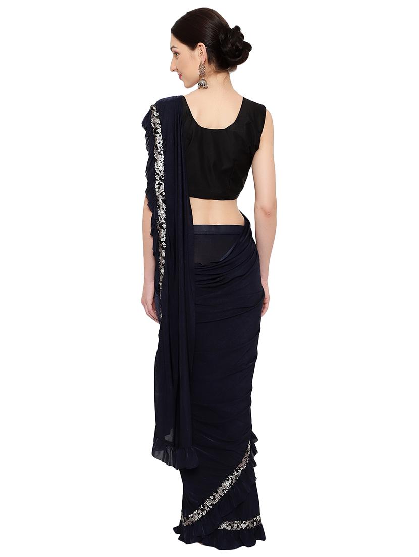 sequin lace detailed solid draped saree with blouse - 18445567 - Standard Image - 2