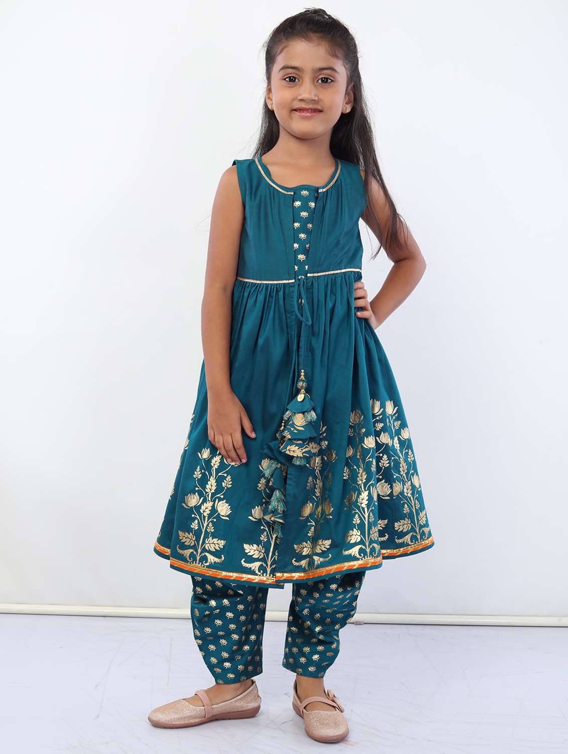 teal foil printed patiyala suit set 