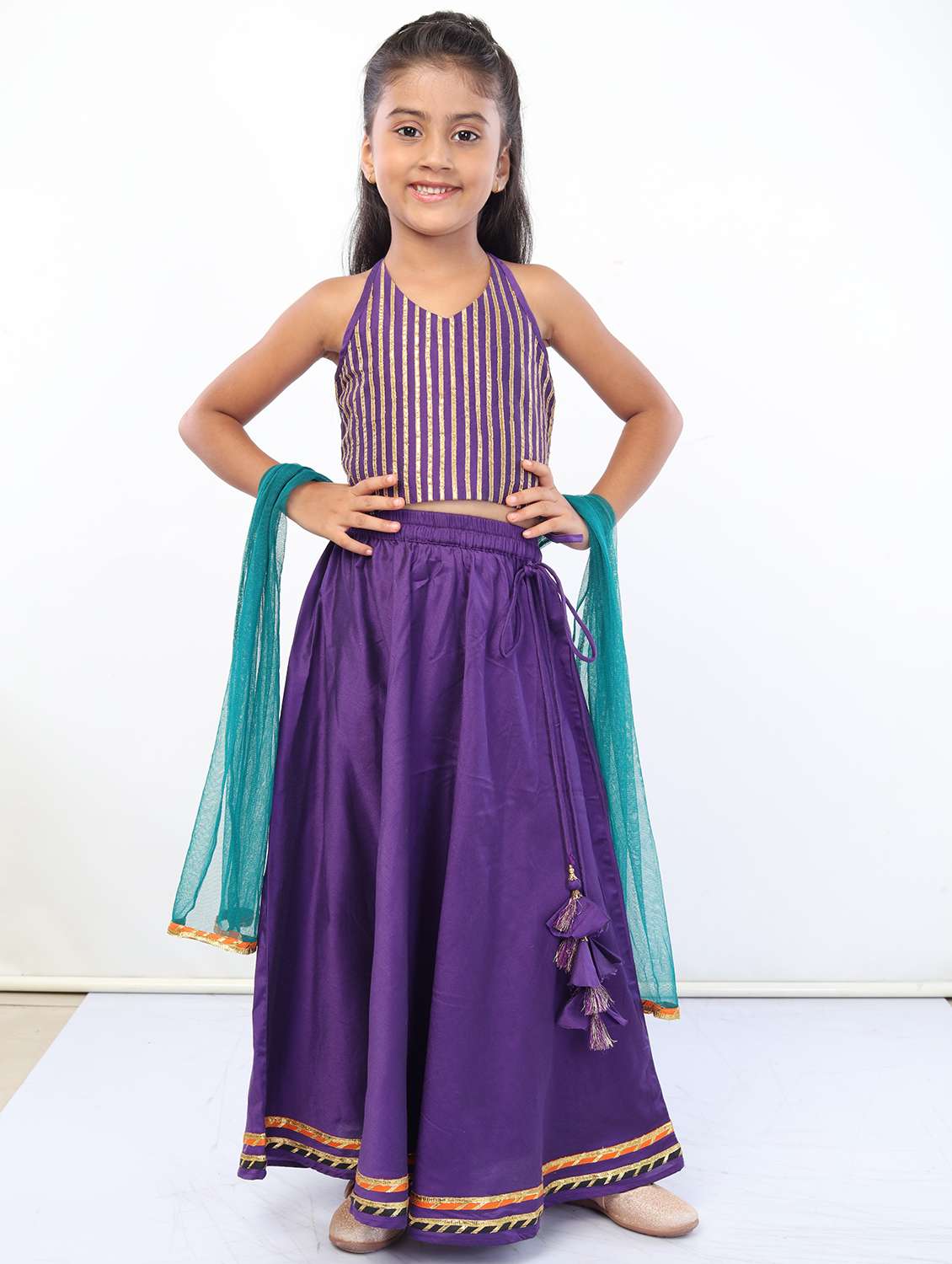 girls purple striped skirt top set with dupatta 