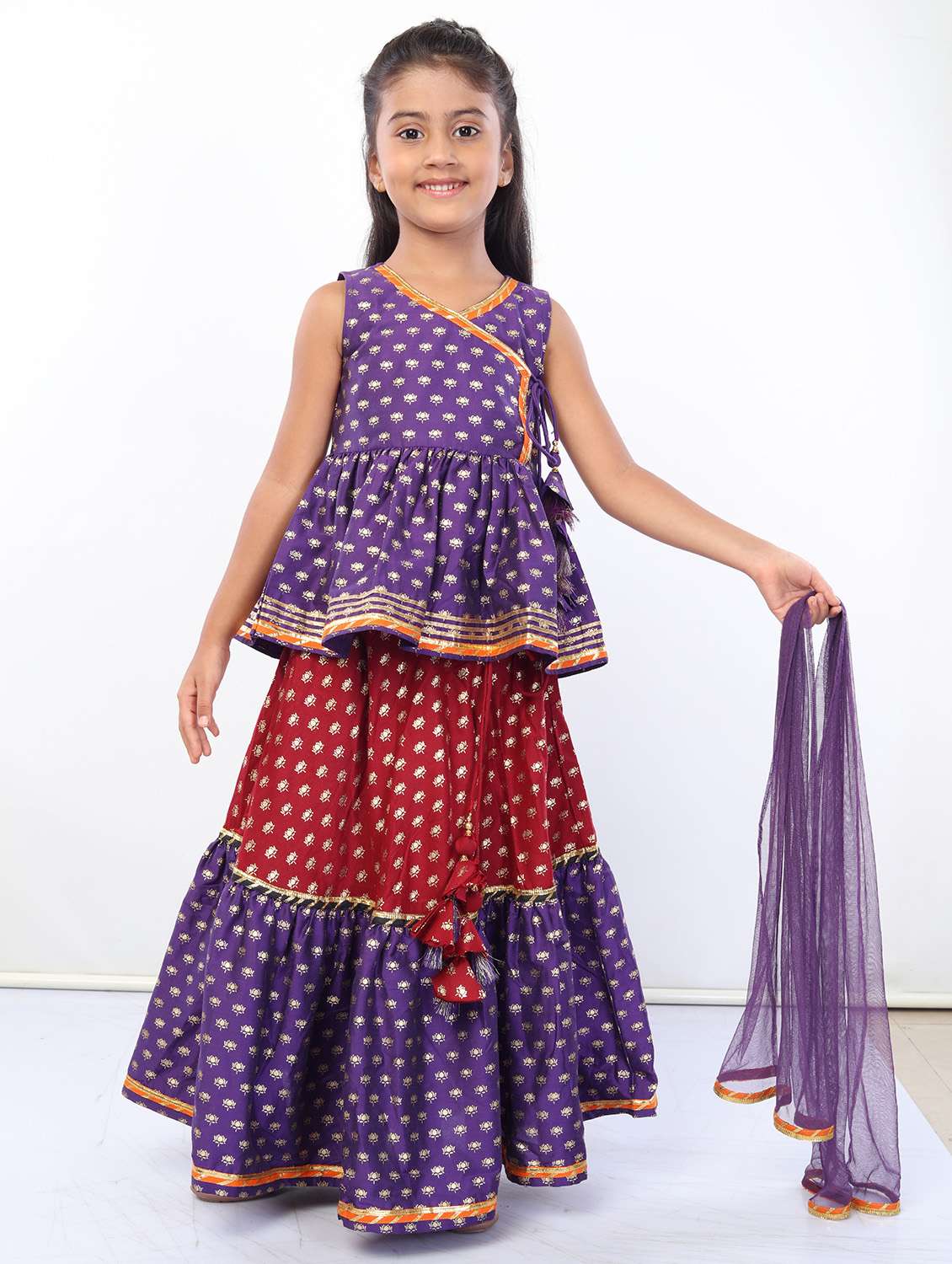 girls purple printed kurta sharara set with dupatta