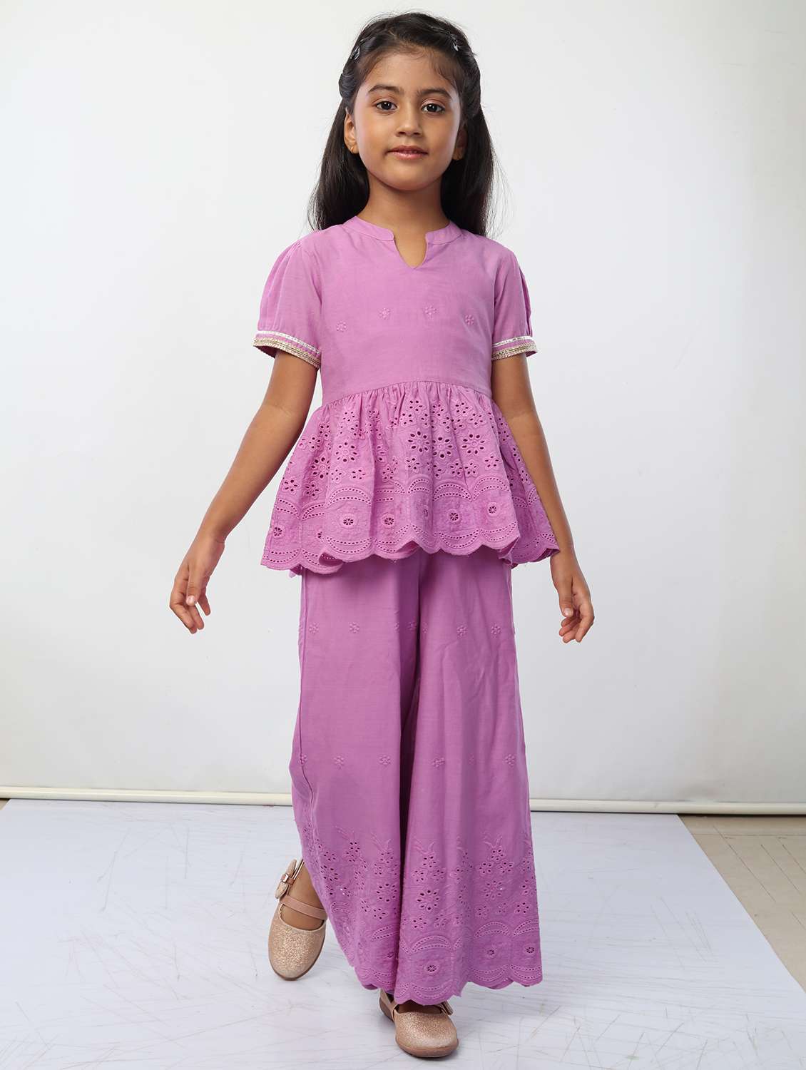 girls purple solid top pants set