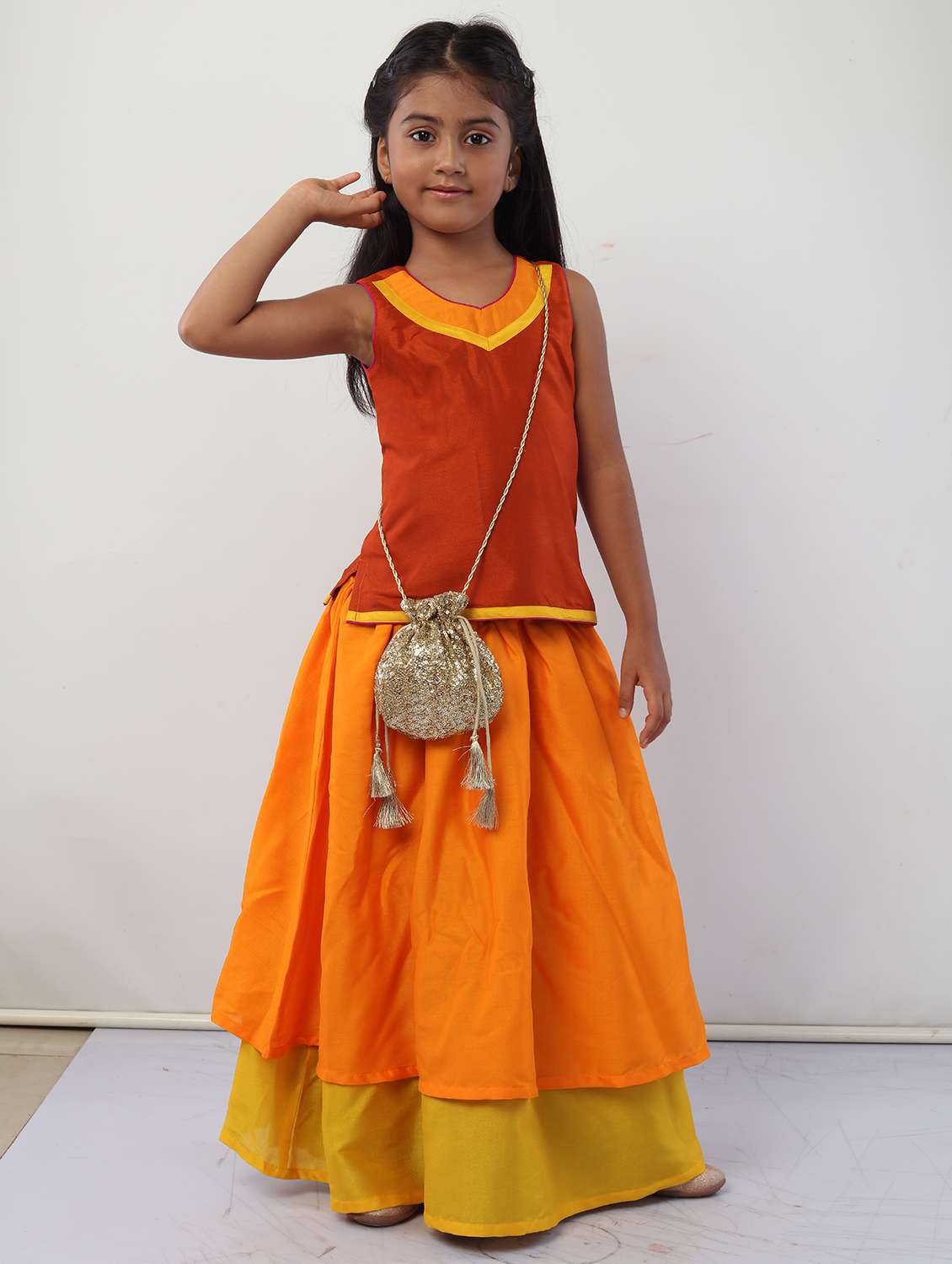 girls orange solid skirt top set