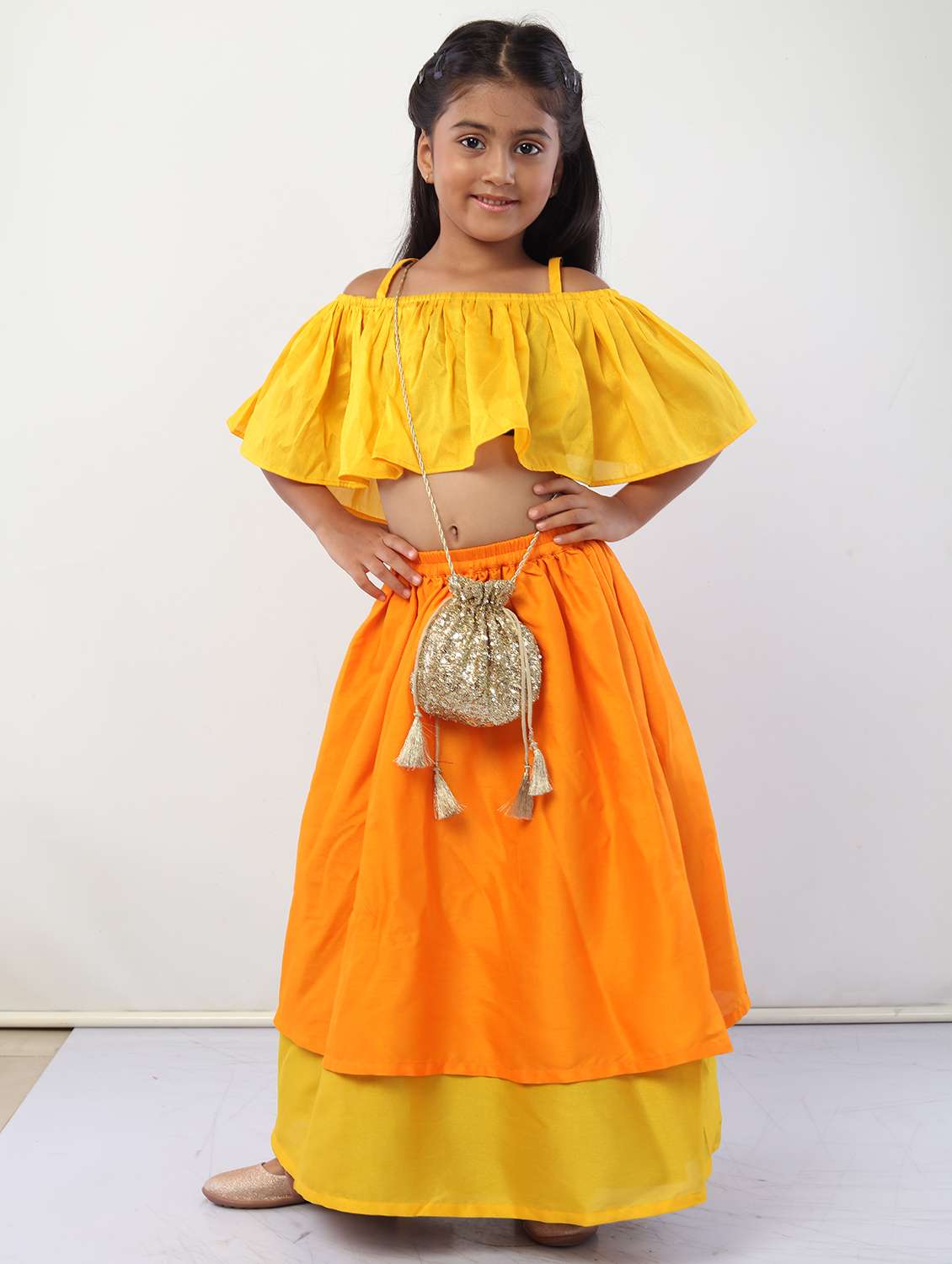 girls yellow solid skirt top set
