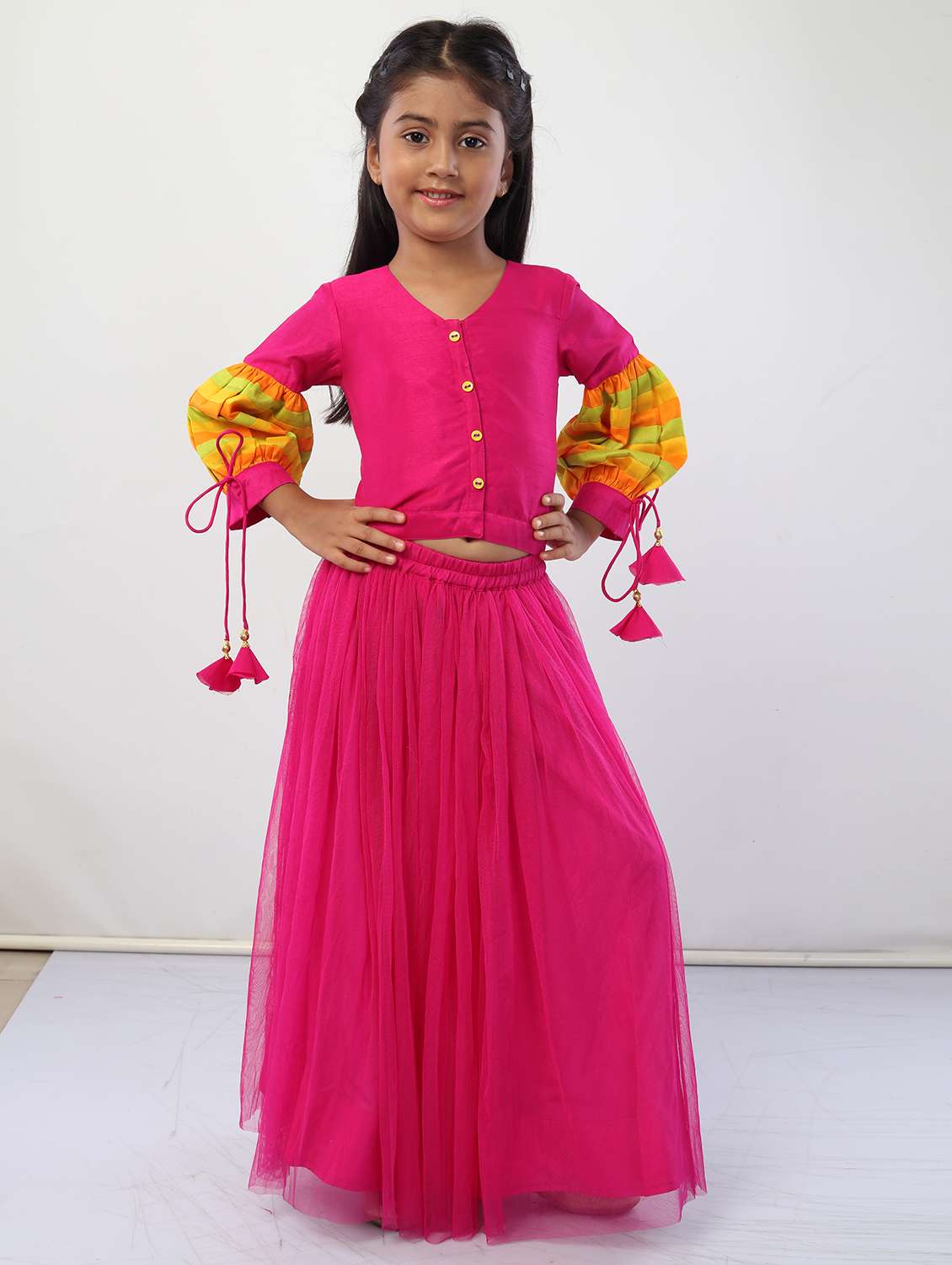 girls pink solid skirt top set
