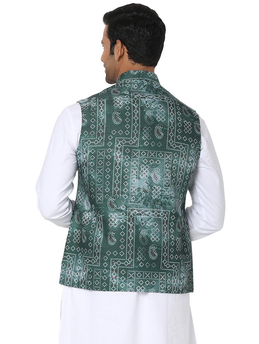 bottle-green printed nehru jacket - 18446476 - Standard Image - 2