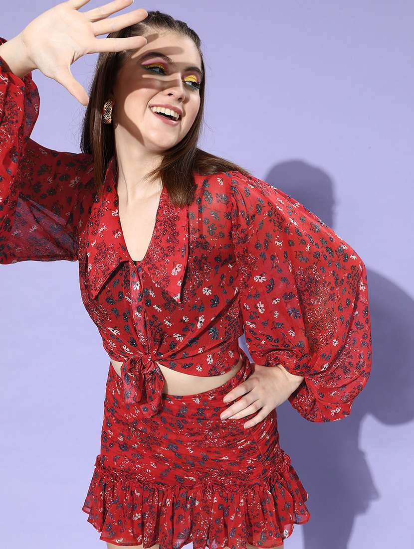 red floral tie front top & skirt set 