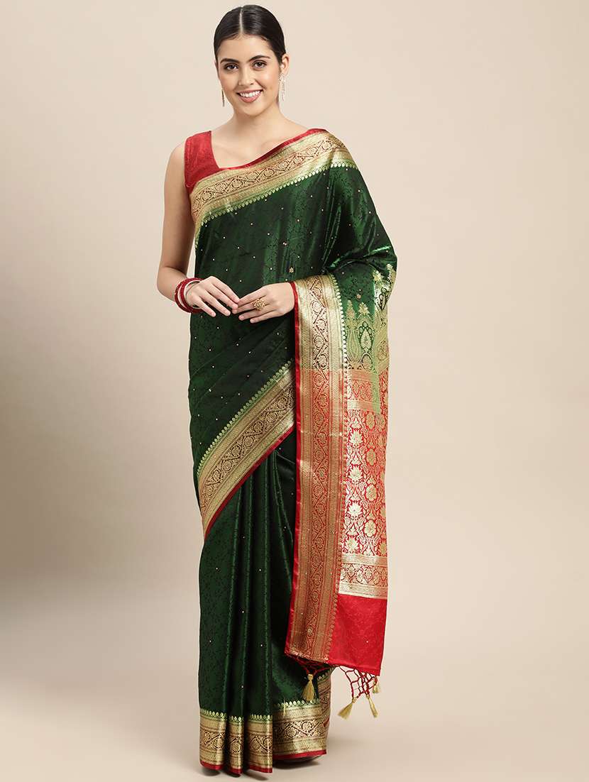 women's self design green colored saree with blouse