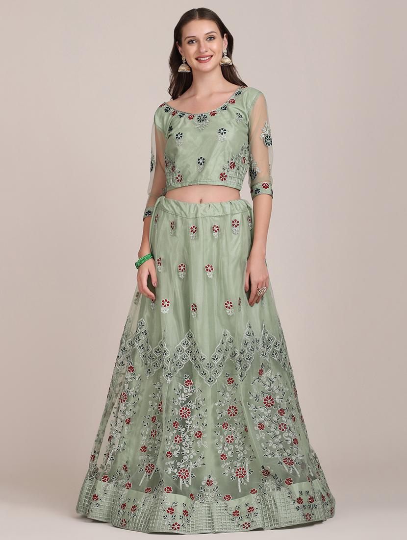 olive embroidered semi- stitched lehenga with dupatta - 18447923 - Standard Image - 2