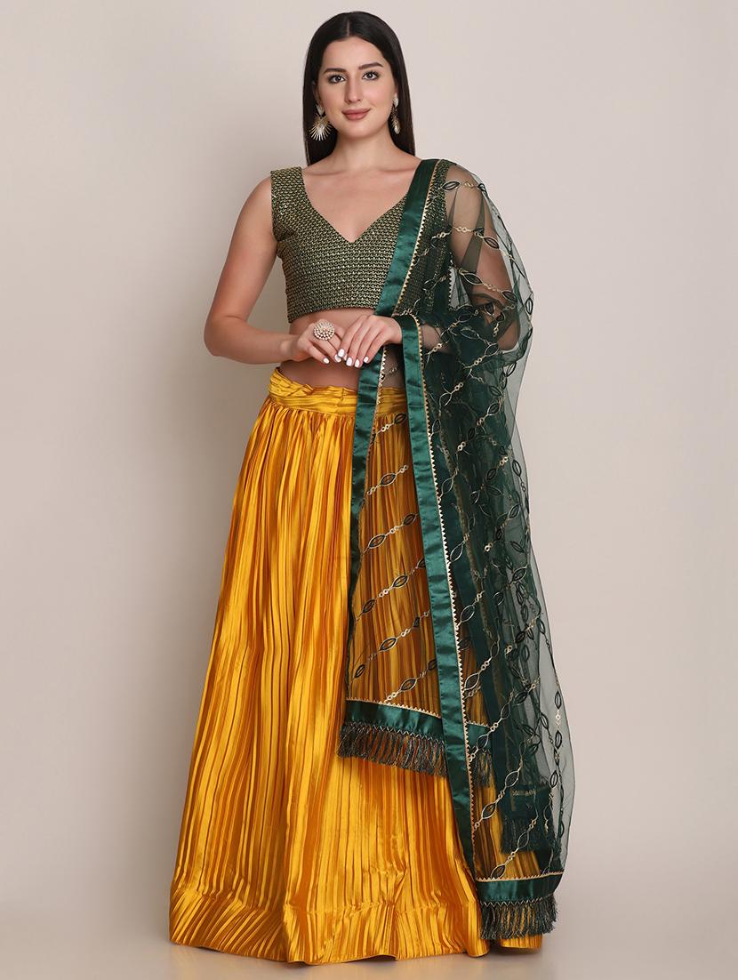 mustard pleated semi- stitched lehenga with dupatta - 18447924 - Zoom Image - 0