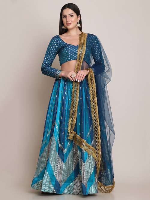 royal blue chevron semi-stitched lehenga with dupatta - 18447928 -  Standard Image - 0
