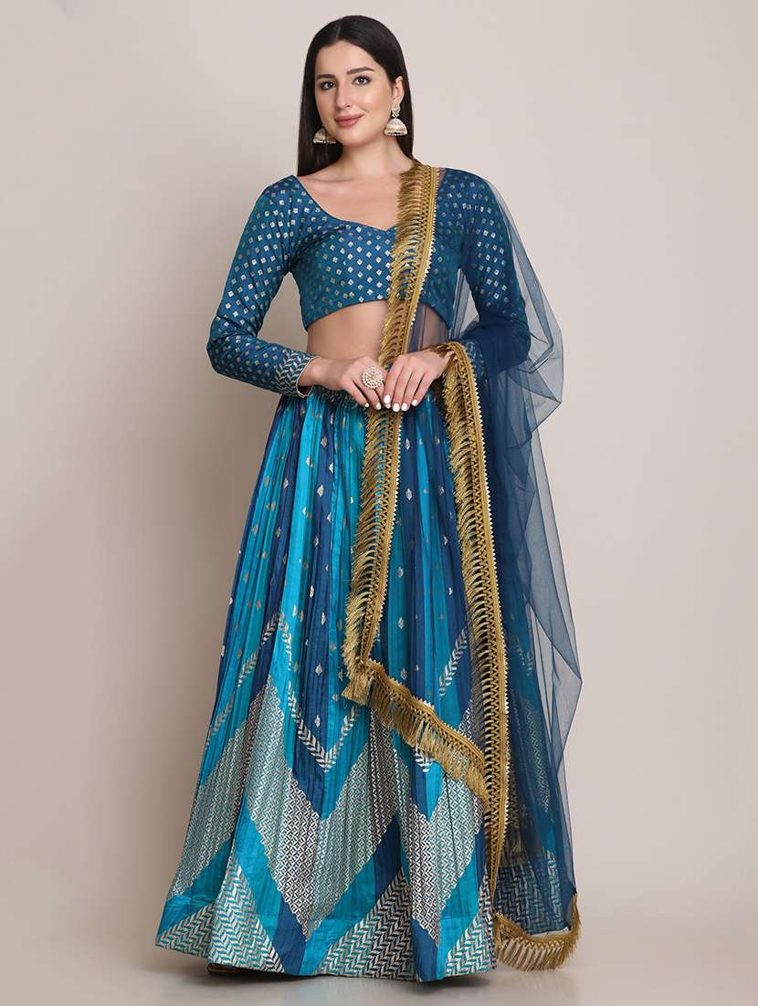 royal blue chevron semi-stitched lehenga with dupatta - 18447928 -  Zoom Image - 0