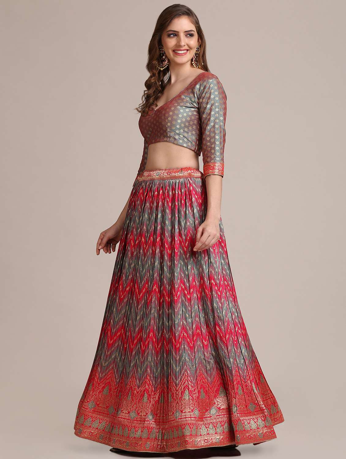 grey chevron flared lehenga with dupatta - 18447944 - Standard Image - 2