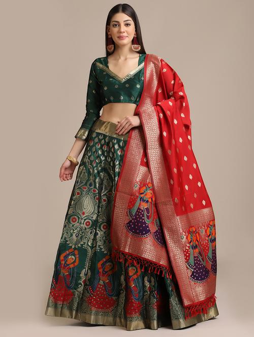 bottle green brocade flared lehenga with dupatta - 18447968 - Standard Image - 0