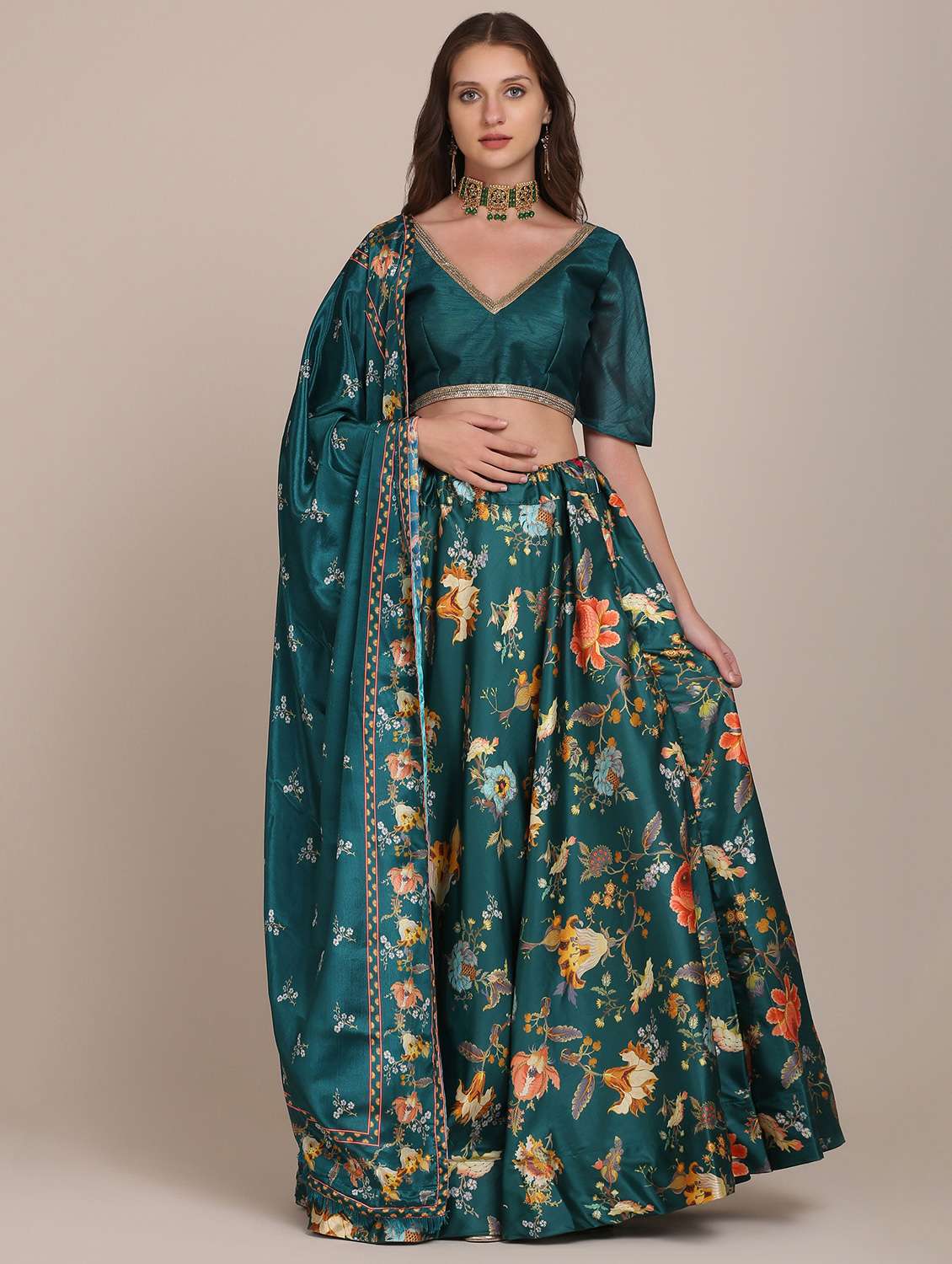 teal digital floral flared lehenga