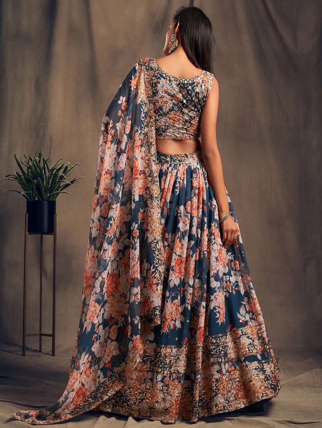 navy blue embroidered semi-stitched flared lehenga choli set with dupatta - 18448694 - Standard Image - 2