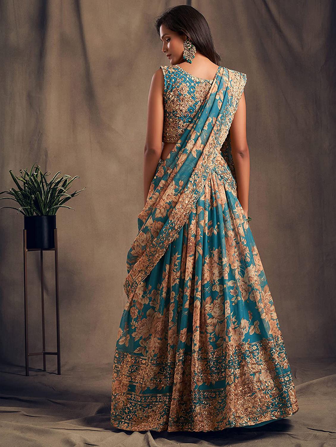 turquoise embroidered semi-stitched flared lehenga choli set with dupatta - 18448695 - Standard Image - 2