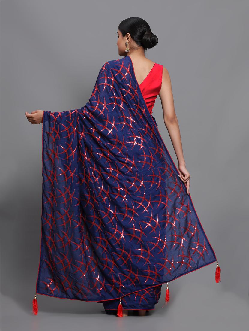 contrast piping embroidered saree with blouse - 18448861 - Standard Image - 2