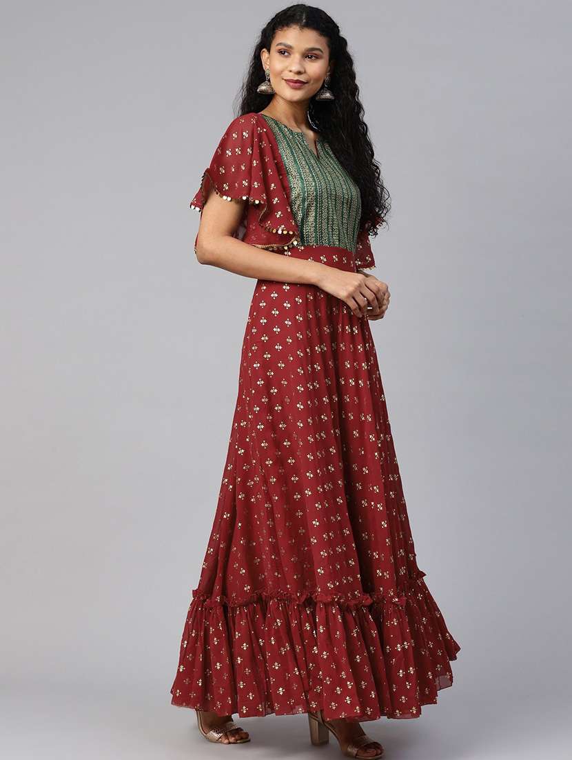gold print tiered ethnic dress - 18449162 -  Standard Image - 2