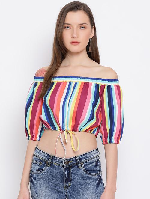 off shoulder striped regular top - 18450206 -  Standard Image - 0