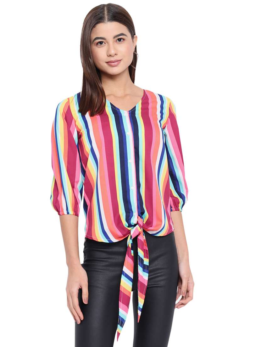 front tie striped regular top - 18450216 - Zoom Image - 0
