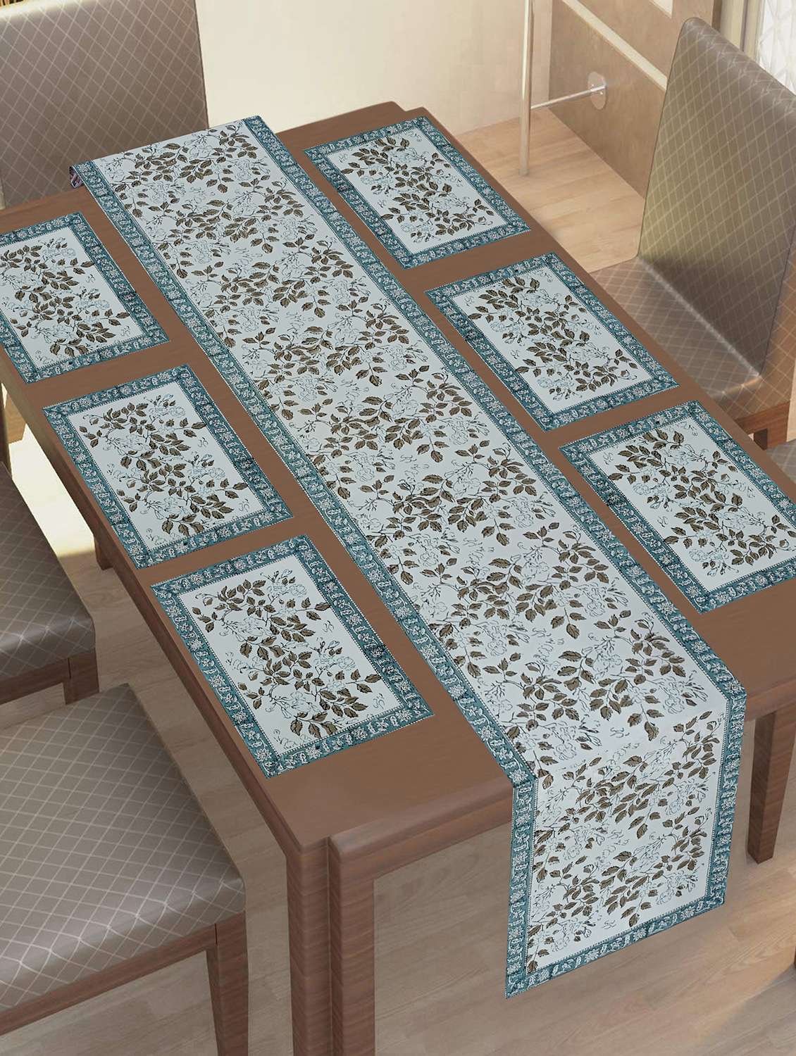 texstylers thick cotton canvas jaipuri block print 6 table mats and 1 runner set