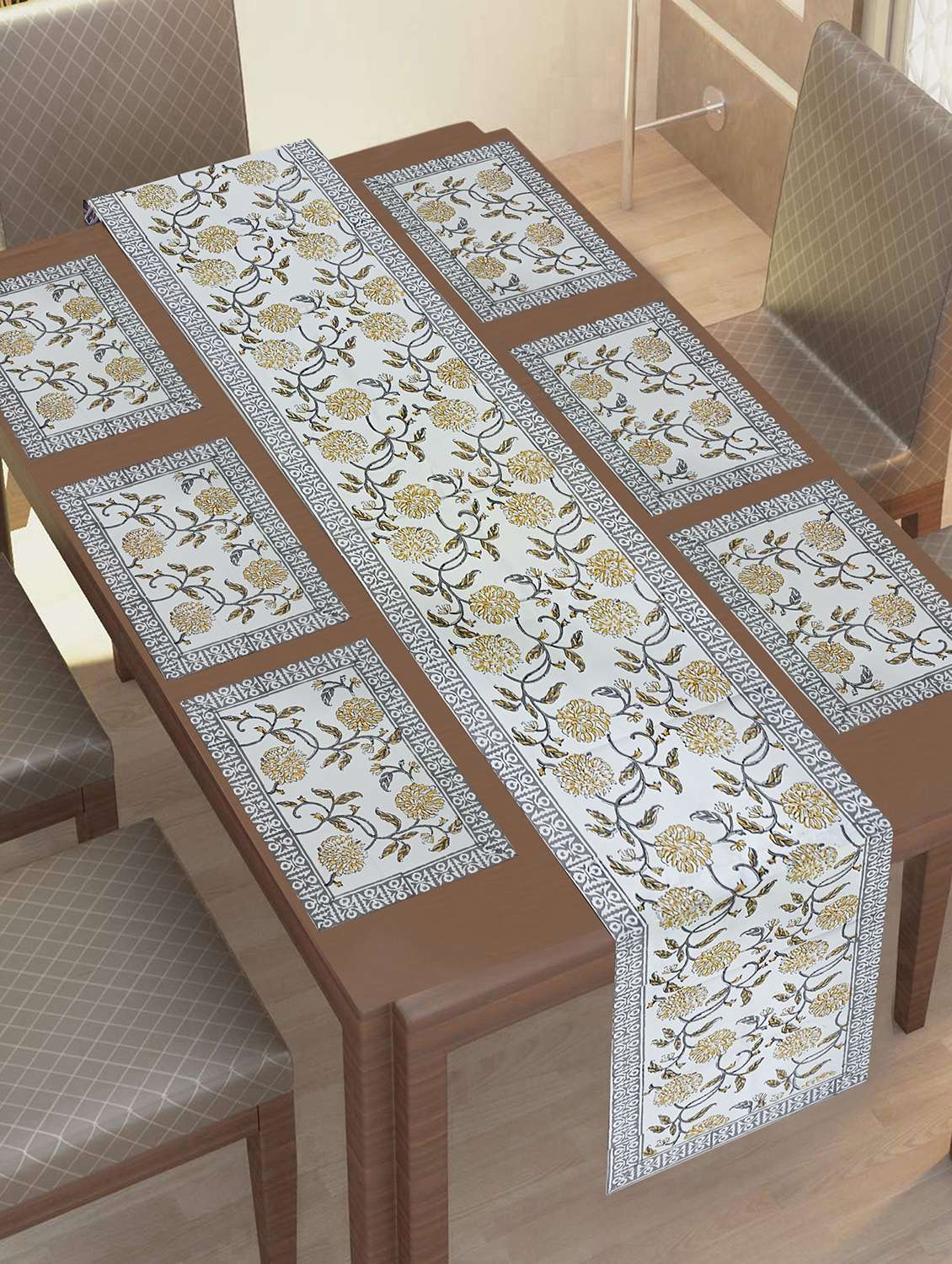 texstylers thick cotton canvas jaipuri block print 6 table mats and 1 runner set