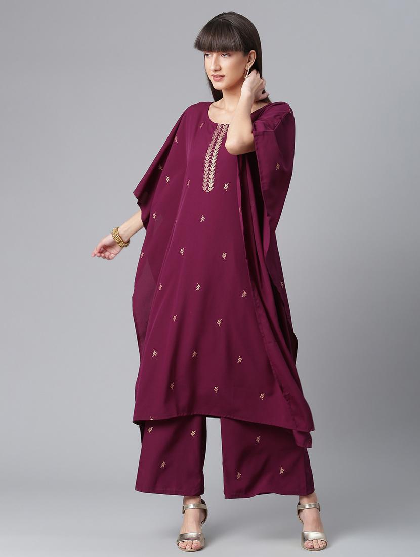 burgundy foil-printed kurta palazzo set - 18451120 - Standard Image - 2