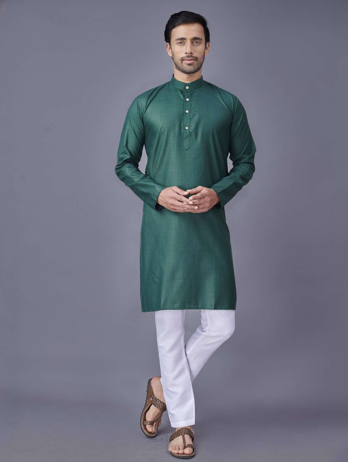 bottle-green solid kurta pyjama ethnic wear set