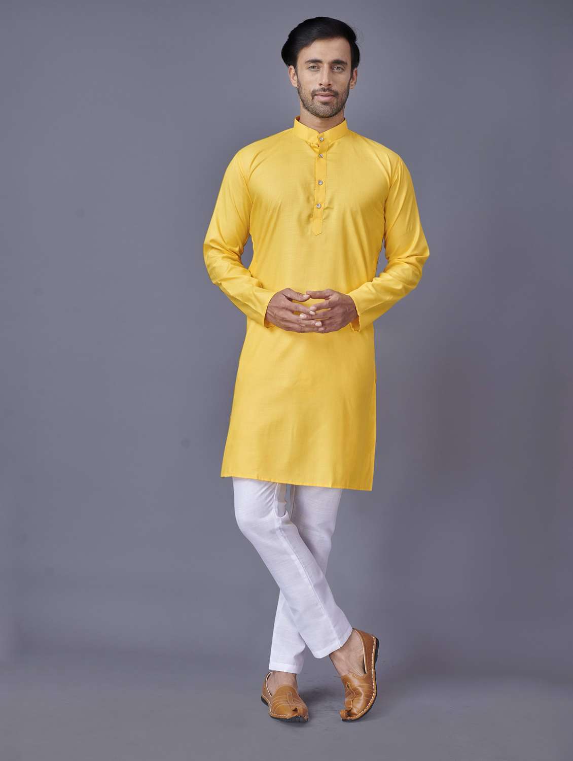yellow solid kurta pyjama ethnic wear set