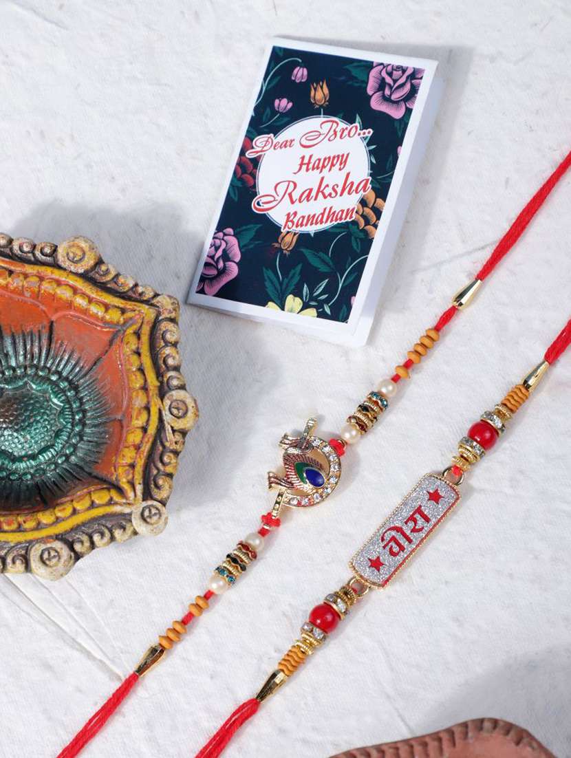 set of 2 handmade rakhi with raksha bandhan greeting card roli chawal chandan and mishri