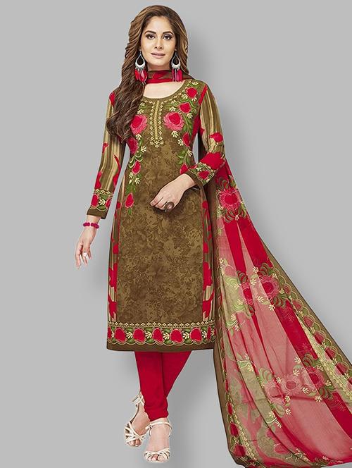 olive green floral unstitched churidaar suit set - 18453852 -  Standard Image - 0