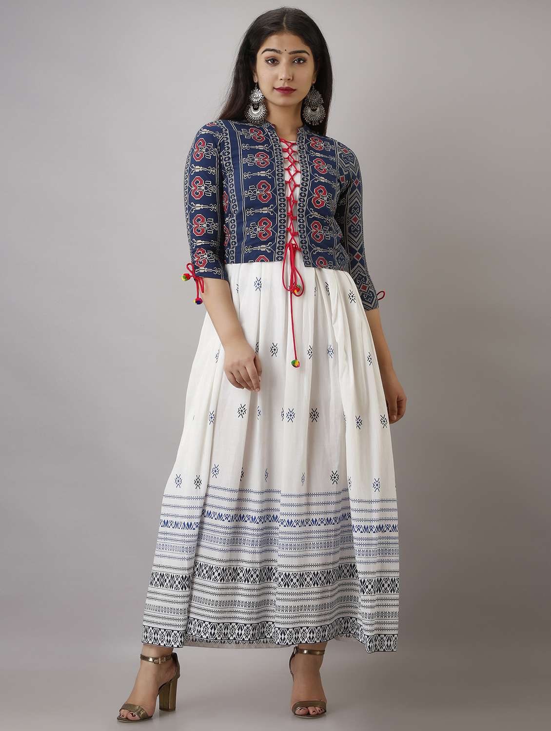 printed flared ethnic dress with jacket
