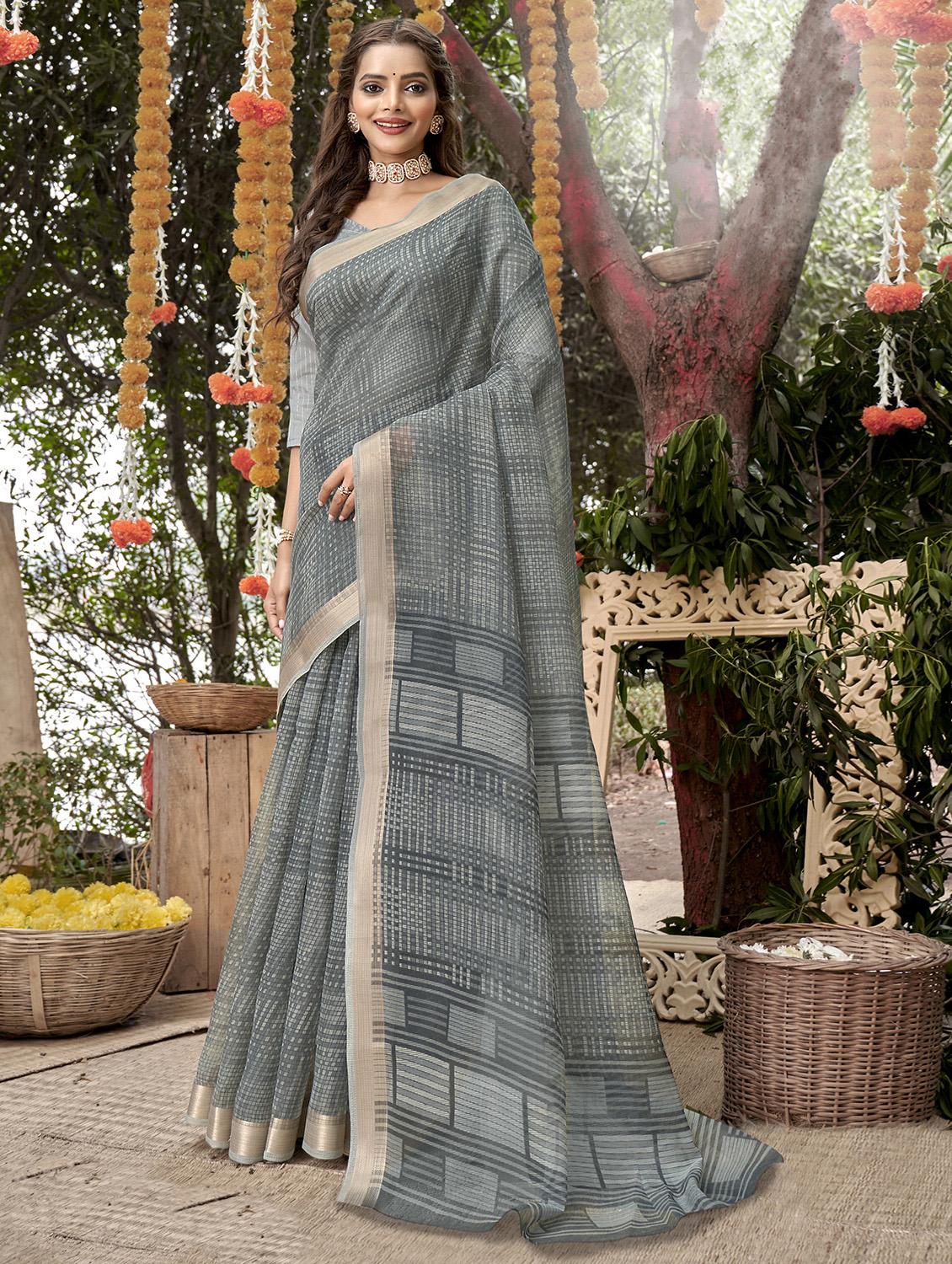 contrast bordered checkered woven saree with blouse