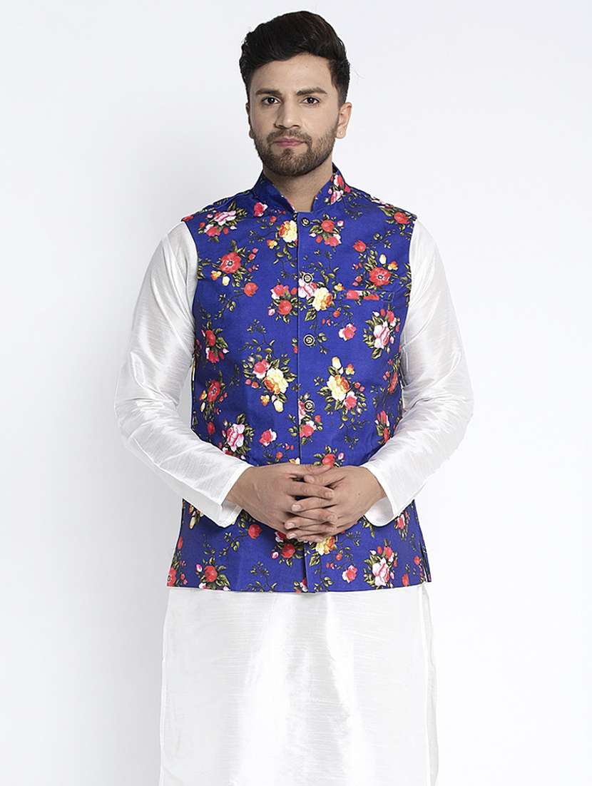 navy-blue printed nehru jacket