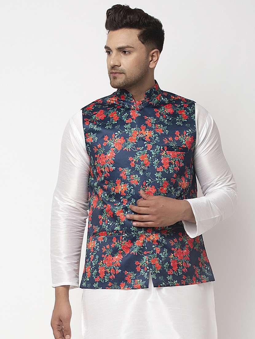 navy blue printed nehru jacket