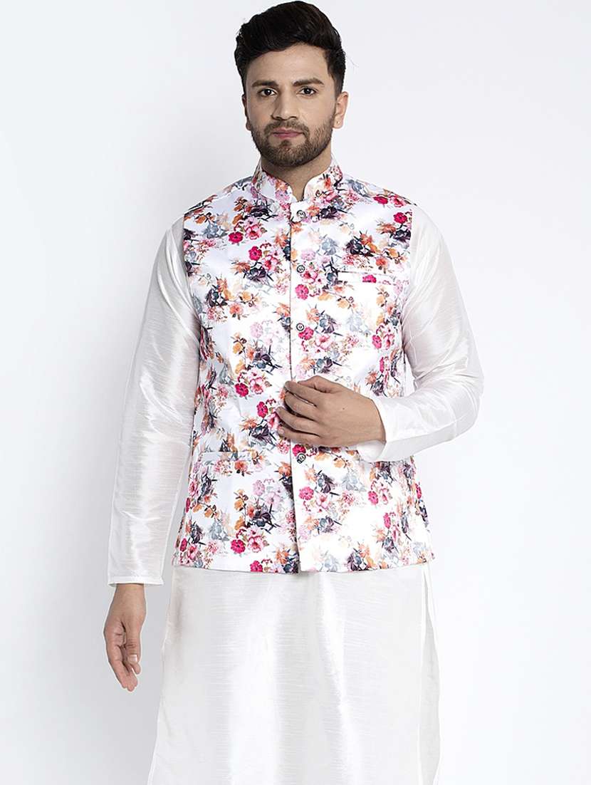white printed nehru jacket