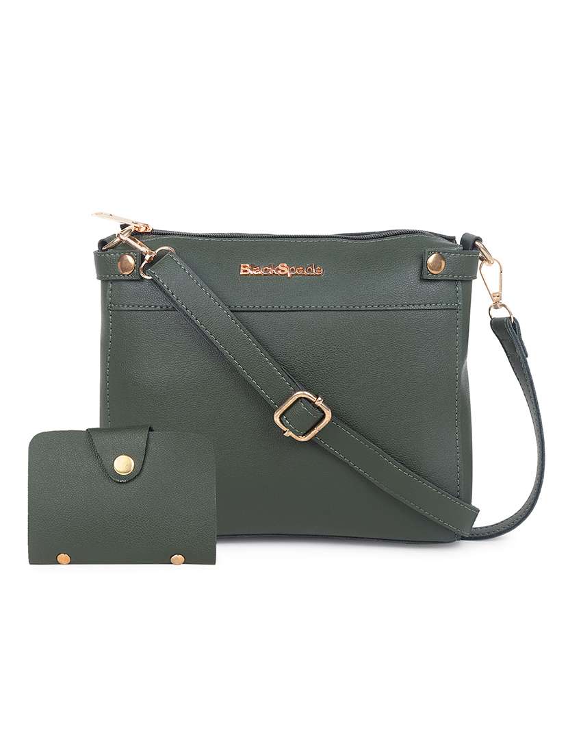 green solid regular sling bag with wallet