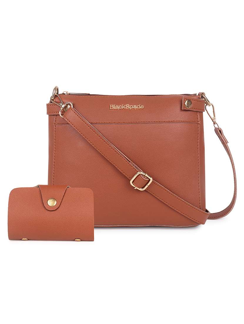 tan solid regular sling bag with wallet