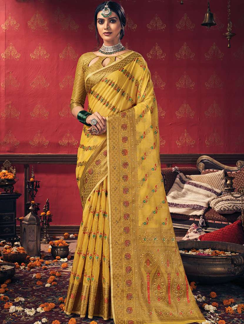 golden zari work woven saree