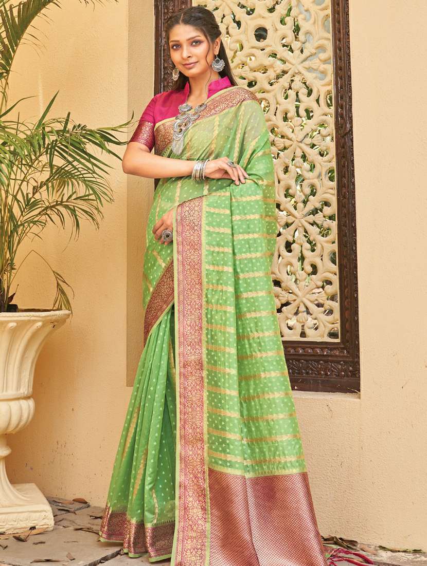 women's self design green colored saree with blouse