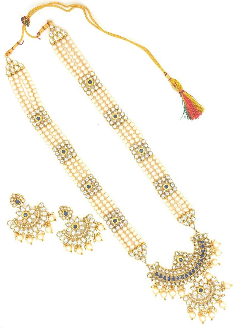 designer traditional blue long haram gold plated pearls necklace set for women - 18458365 - Standard Image - 2