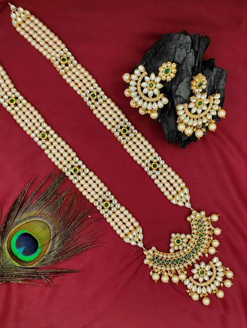  designer traditional green long haram gold plated pearls necklace set for women - 18458366 -  Standard Image - 0