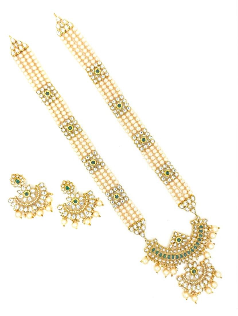 designer traditional green long haram gold plated pearls necklace set for women - 18458366 - Standard Image - 2